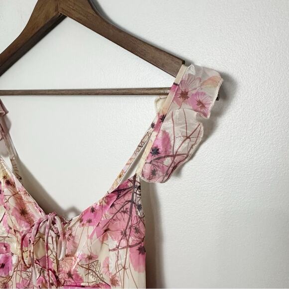 Fanco Pink Floral Ruched Mini Dress Small Ruffle Tie Front Cottagecore Fairy - Picture 6 of 12